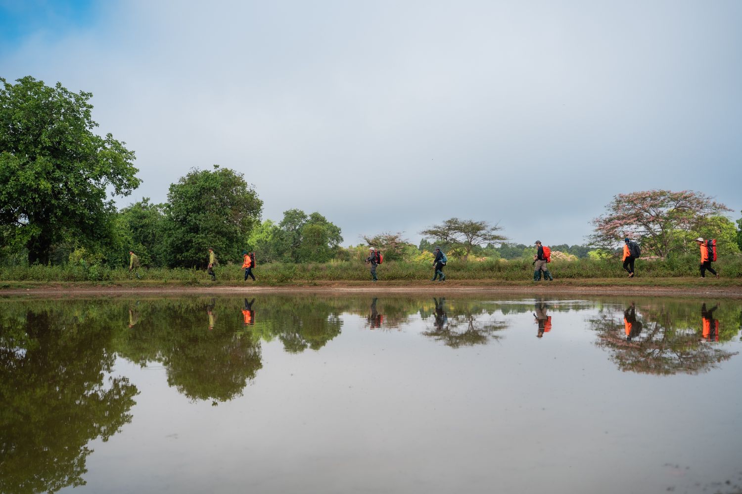 Katien Safari visitors walk along the grassland lake with Cat Tien’s patrol rangers during the 4D3N tour.