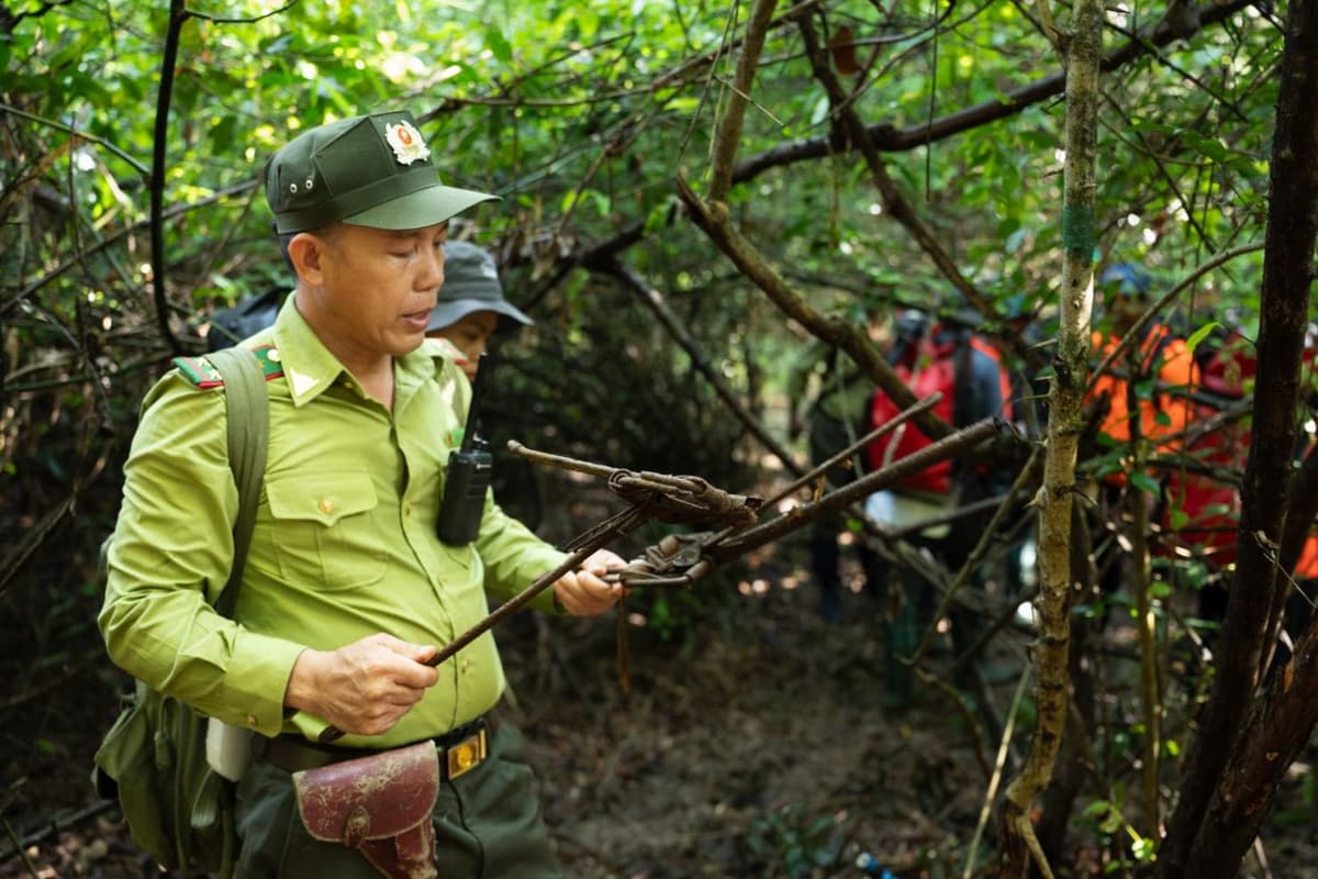 Mr. Giang, a ranger from Cat Tien National Park, is showing Katien Safari guests how to remove a snare.