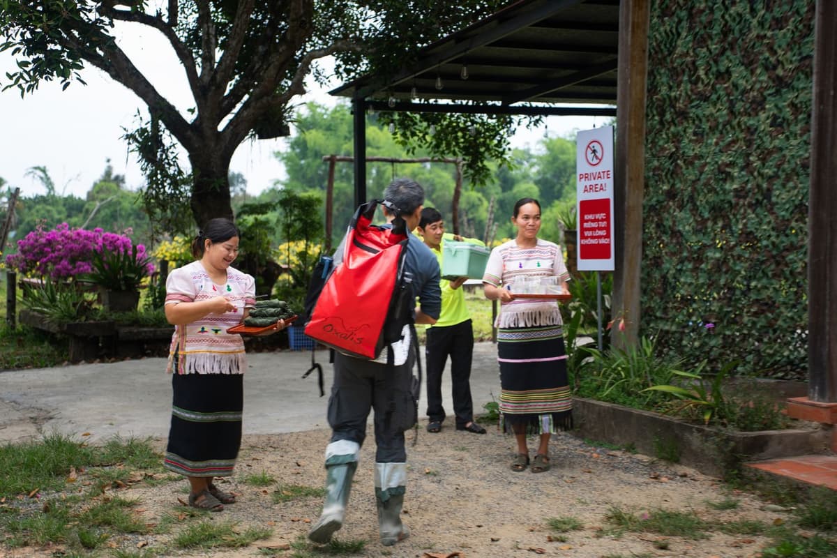 After trekking through the lush forests of Cat Tien, guests were warmly greeted by the Chau Ma people with refreshing drinks and chilled towels.